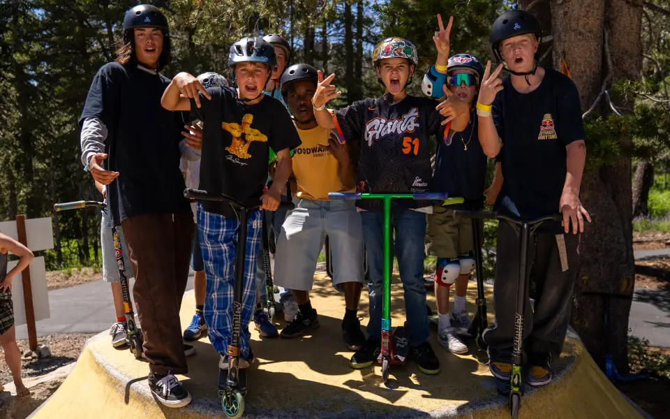 Group photo of scooter campers at Woodward Tahoe